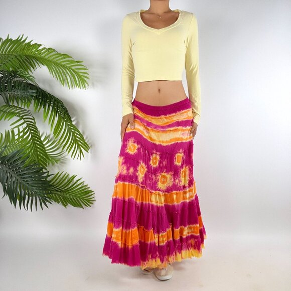 Vintage Y2K Pink Tie Dye Boho Fairycore Low Rise Beachy Hippie Maxi Skirt / L - Picture 9 of 9